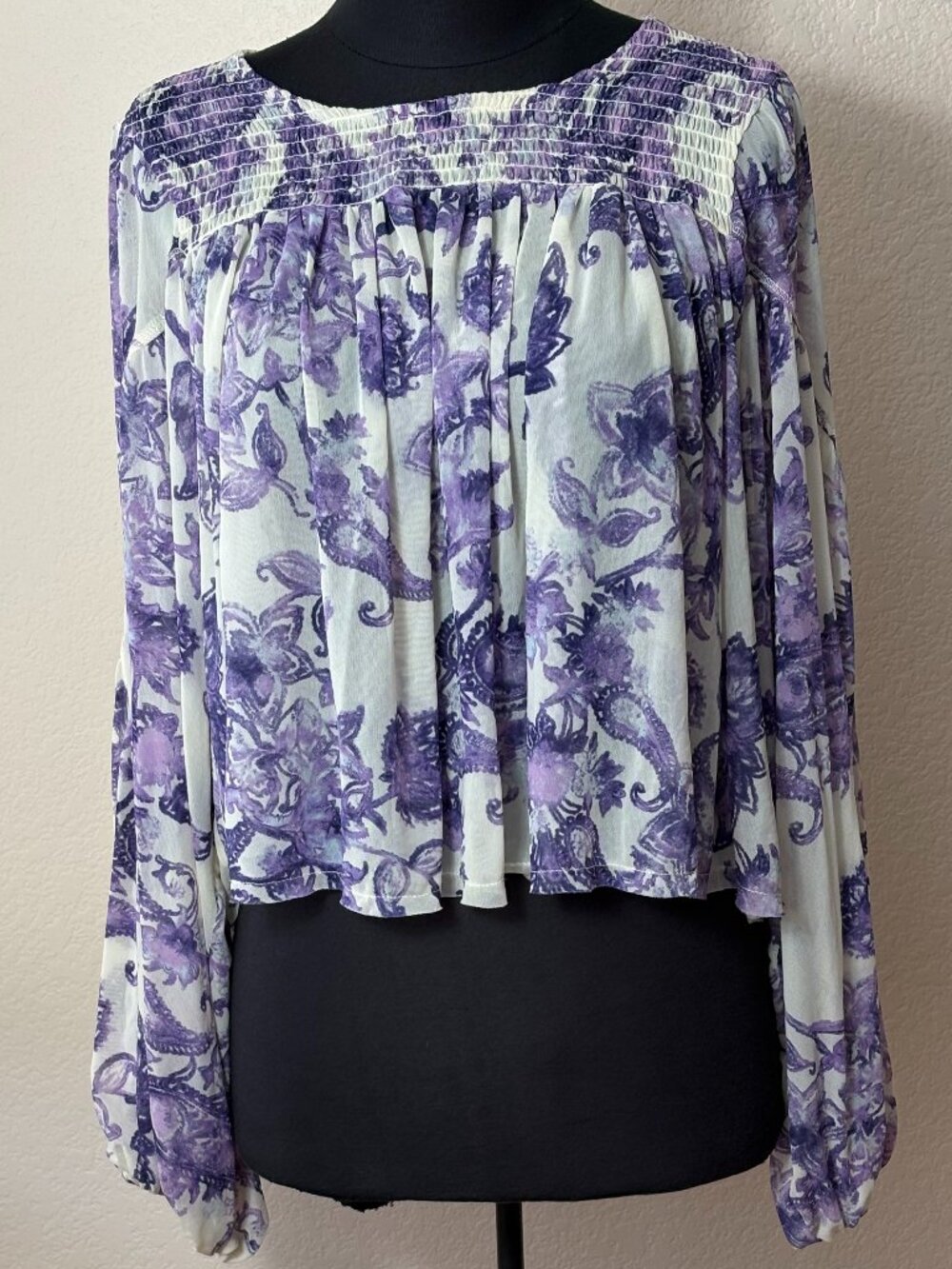Free People Sheer Boho Blouse L Purple Floral Smocked Open Back Balloon Sleeve